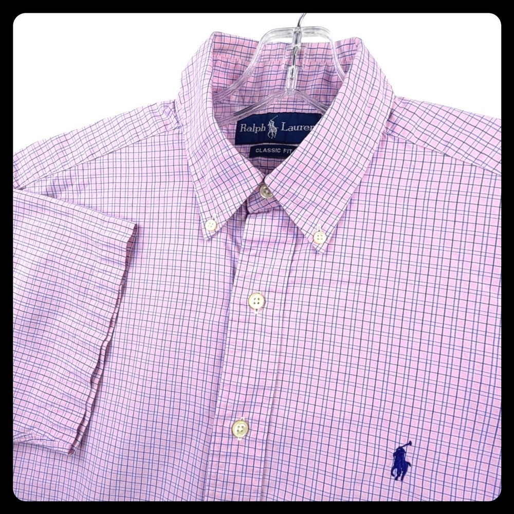 Ralph Lauren Classic Fit Shirt Men Medium Pink Plaid 100% Cotton Short Sleeve